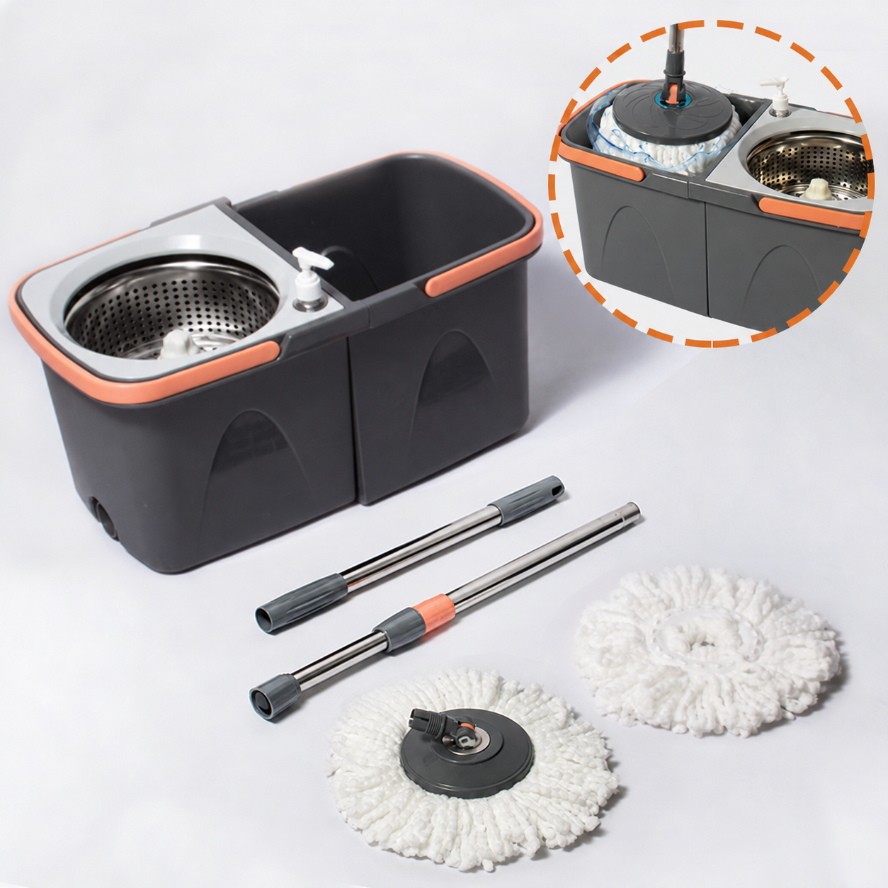 Complete set: dual buckets, handle and two microfiber heads